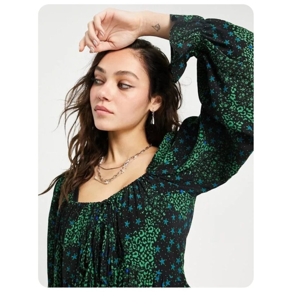 !! Topshop Green Mix Print Tie-Front Long Sleeve Top sz US 4 - Picture 2 of 10